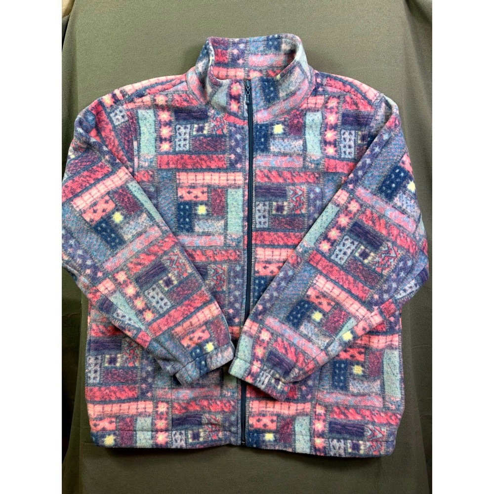 Koret Women Pink Blue Geometric Patchwork Fleece Full Zip Mock Neck Jacket Large